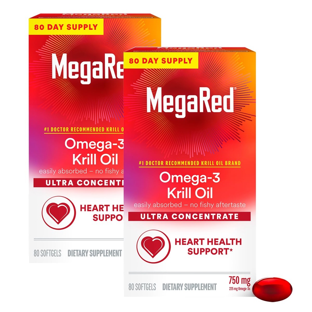 MegaRed Ultra Konsentrasi 750mg Omega- 3 Krill Oil Acid Acid Suffids dengan EPA / DHA, Antioksidant Astaxanthin, Tidak Ada Minyak Ikan Aftertaste Kesehatan Jantung, 80 Count Softgels (2 Pack)