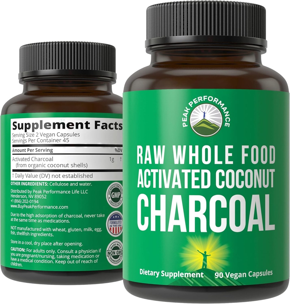 Peak Performance Activated Arang Vegan Capsules dari Wild Harowed Coconut Shells. Best Safe Arang Pill Supplemen untuk Detox, Gas Relief, Bloat.