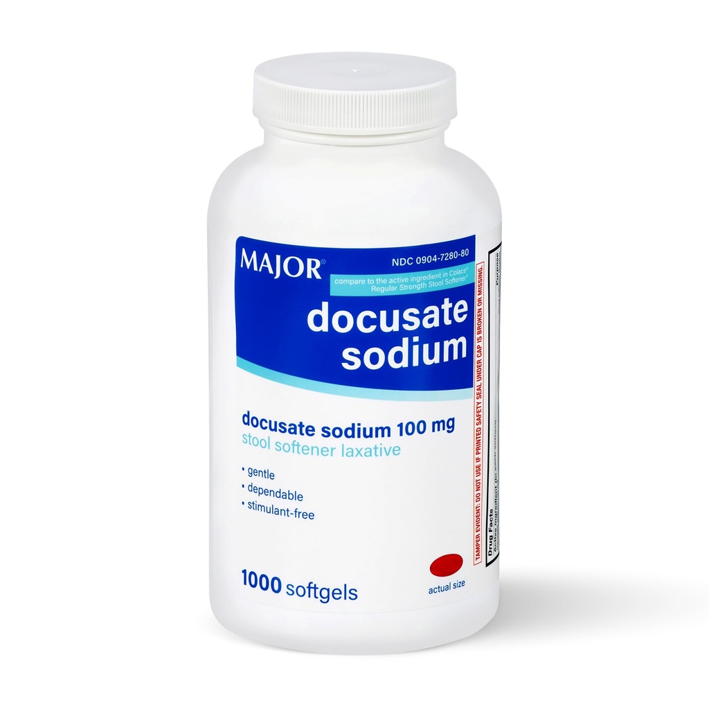 MAJOR Docucate Sodium 100mg, Spool Softtener Laxative for Occational Constipation Relief - Gentle, Dependable, Stimut- Free, 1000 Softgels