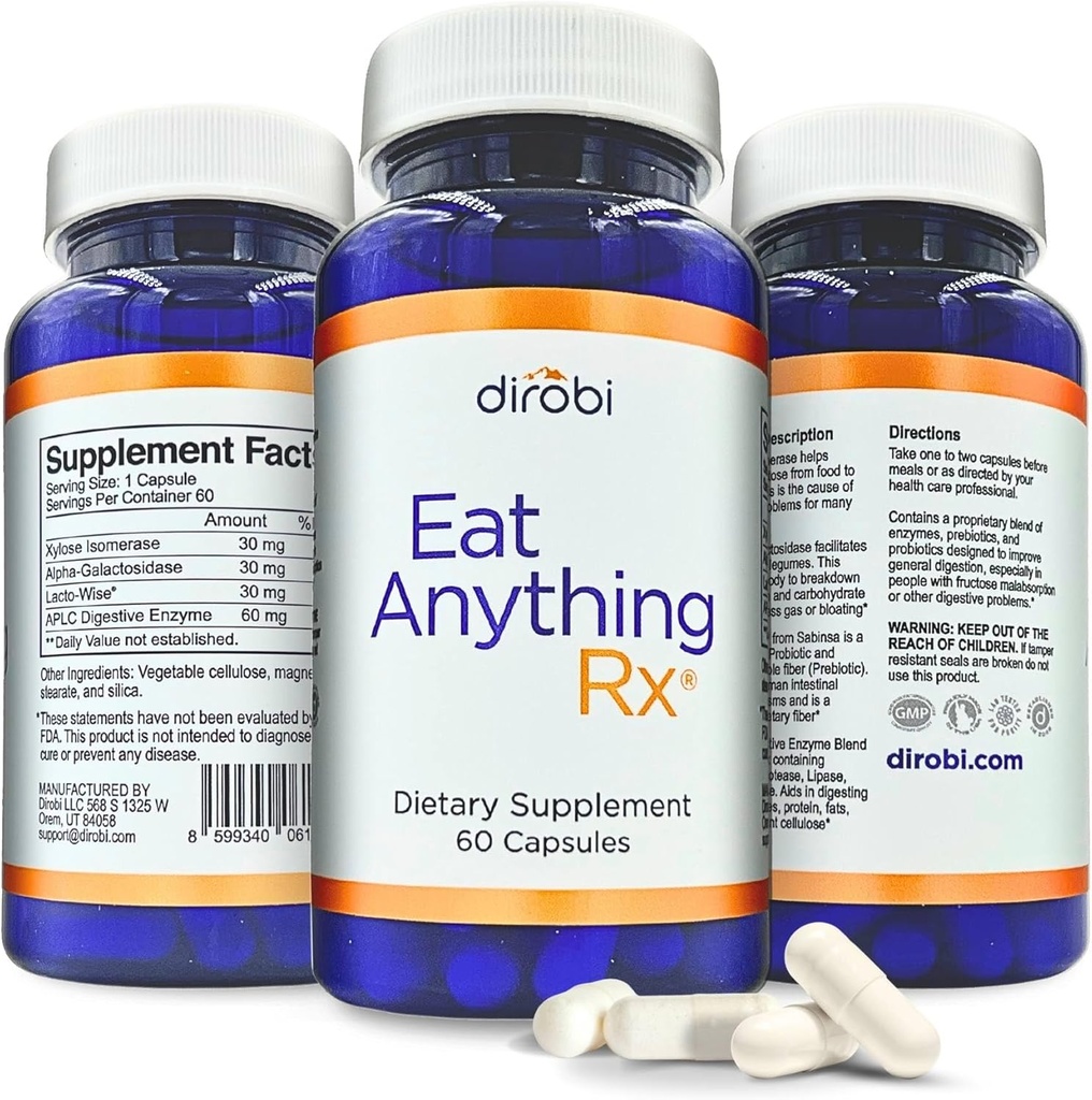 Dirobi Eat Anything Xylose Isomerase Fruktosa Malymes Enzymes, FODMAP Suplement, Digevitable Enzymes for Better Laktosa, Fat, Protein & Carbohydgate Disules Gas & Bloating Relief 60 Capsules