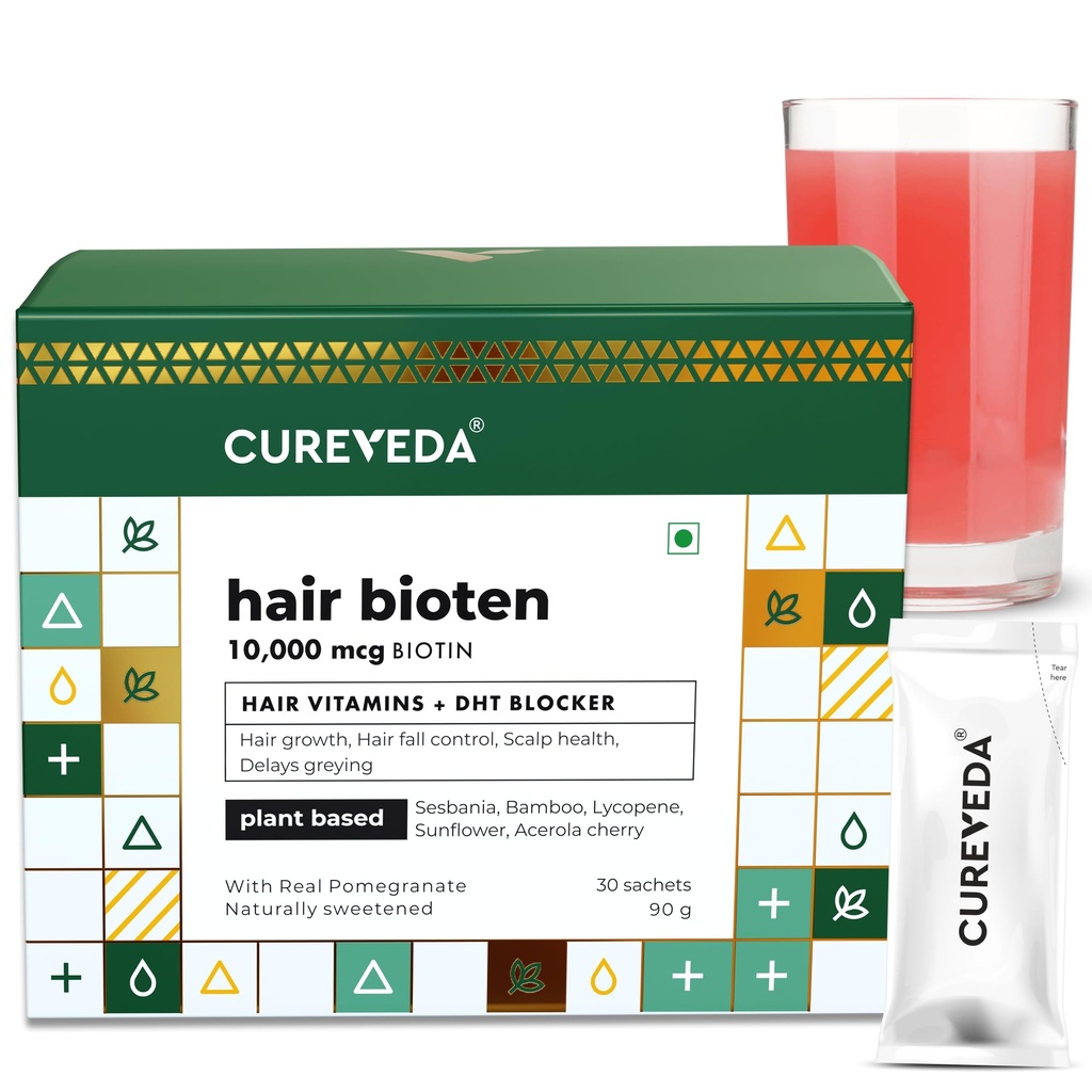 Cureveda Curveda Grow Plant Based Biotin 10000 Mcg Powder Supder for Unisex, Benefit Healthy Scalp and Hair Growth, No Added Sugar, Natural Procate Flavour 150 g (Pack of 1) Pertumbuhan 1