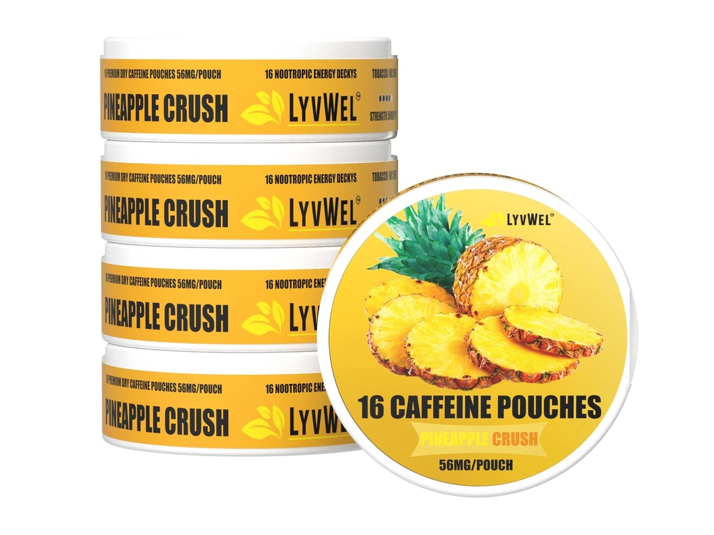LyvWel 56mg Caffeine Energy Pouches - Pineapple - Clean Energy & Focus Boost with Guarana - 5- Pack with 16 Pouches Per Can (80 Total Pouches)