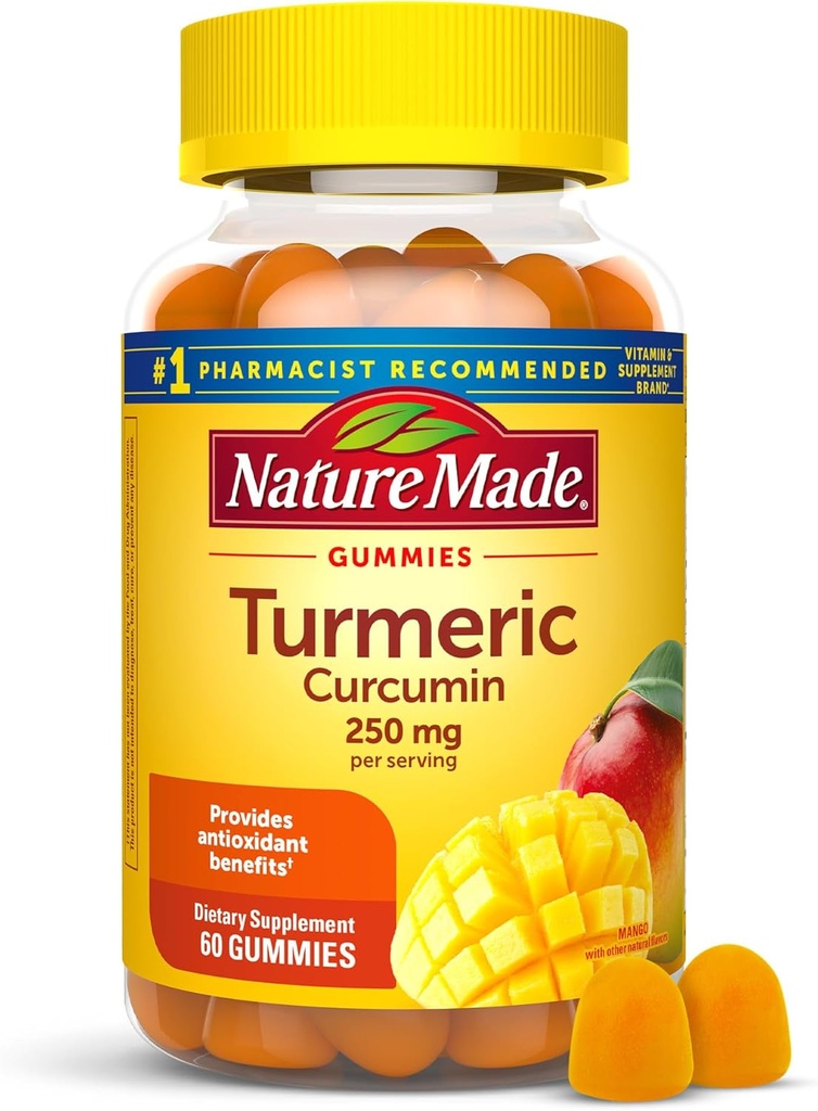 Nature Made Turmeric Curcumin 250mg Per Serving, Dietary Suplement for Antioksidant Dupport, 60 Gummies, 30 Day Supply