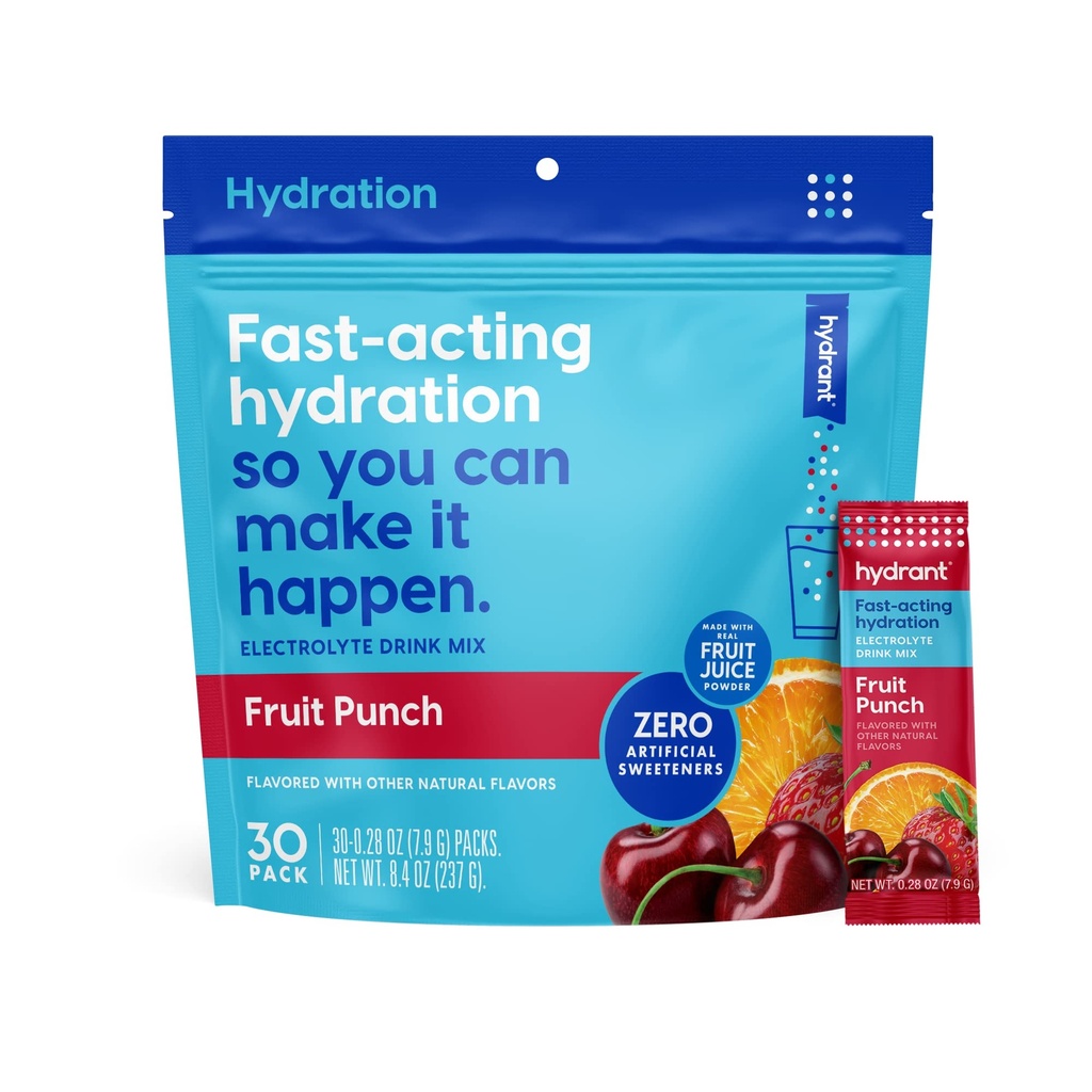 Hydration Powder, Fruit Punch Flavor, 30 Individual Instant Electrolite Rehydration Package - Low Sugar Drink Mix for Daily Use, Travel & Workdout