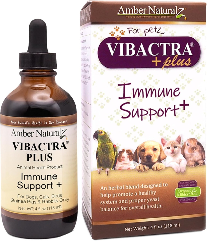 Amber GibralZ Vibactra Plus Herbal Tambahan untuk Anjing, Kucing, Burung, Guinea Pigs, dan Kelinci 124; Herbs untuk Kesehatan Abadi dan Yeast Keseimbangan 124; 4 Fluid Ounce Glass Bottle