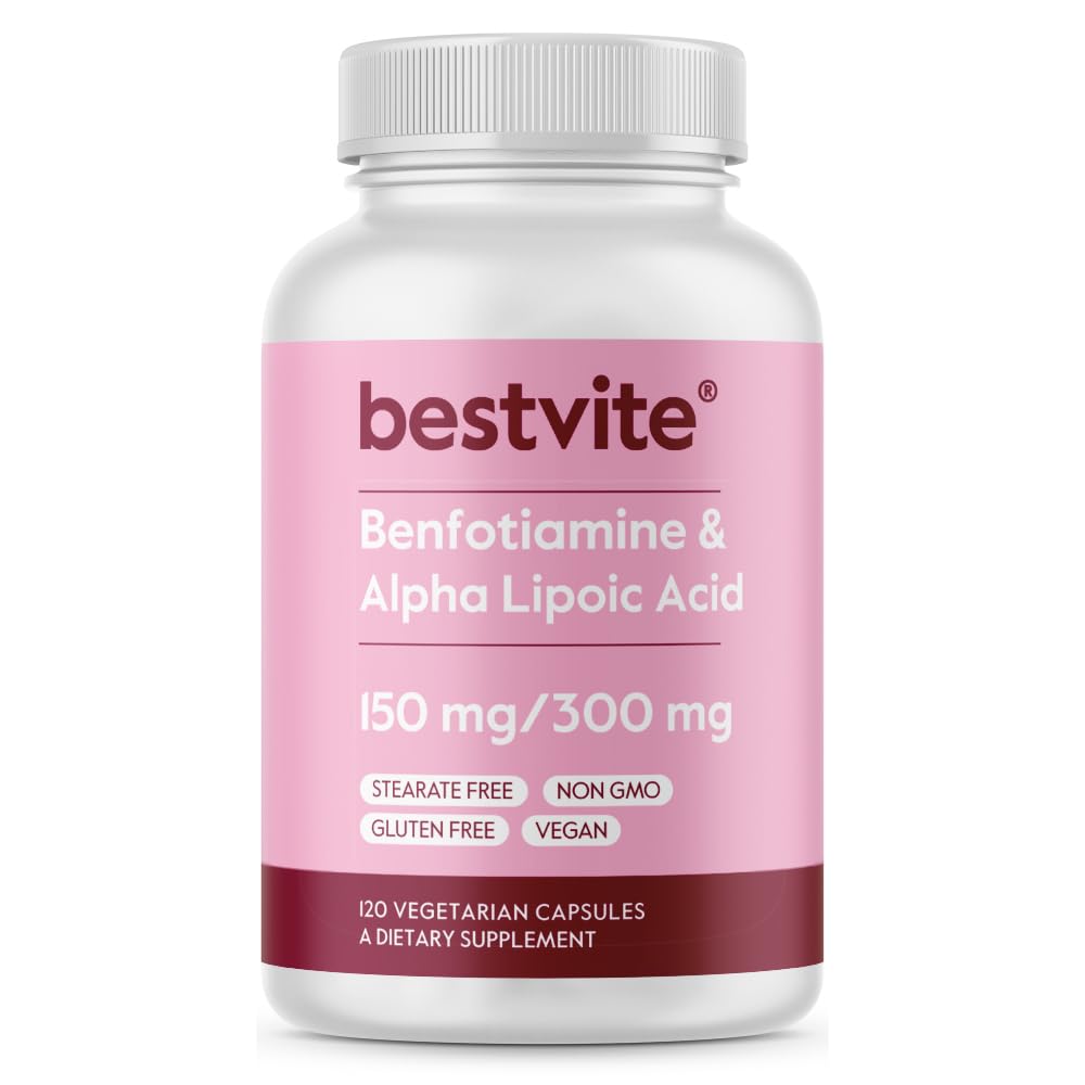 Benfotiamine 150mg / Alpha Lipoic Acid 300mg (120 kapsules Vegetarian) - Tidak ada Stearat - Vegan - Gluten Bebas - Non GMO