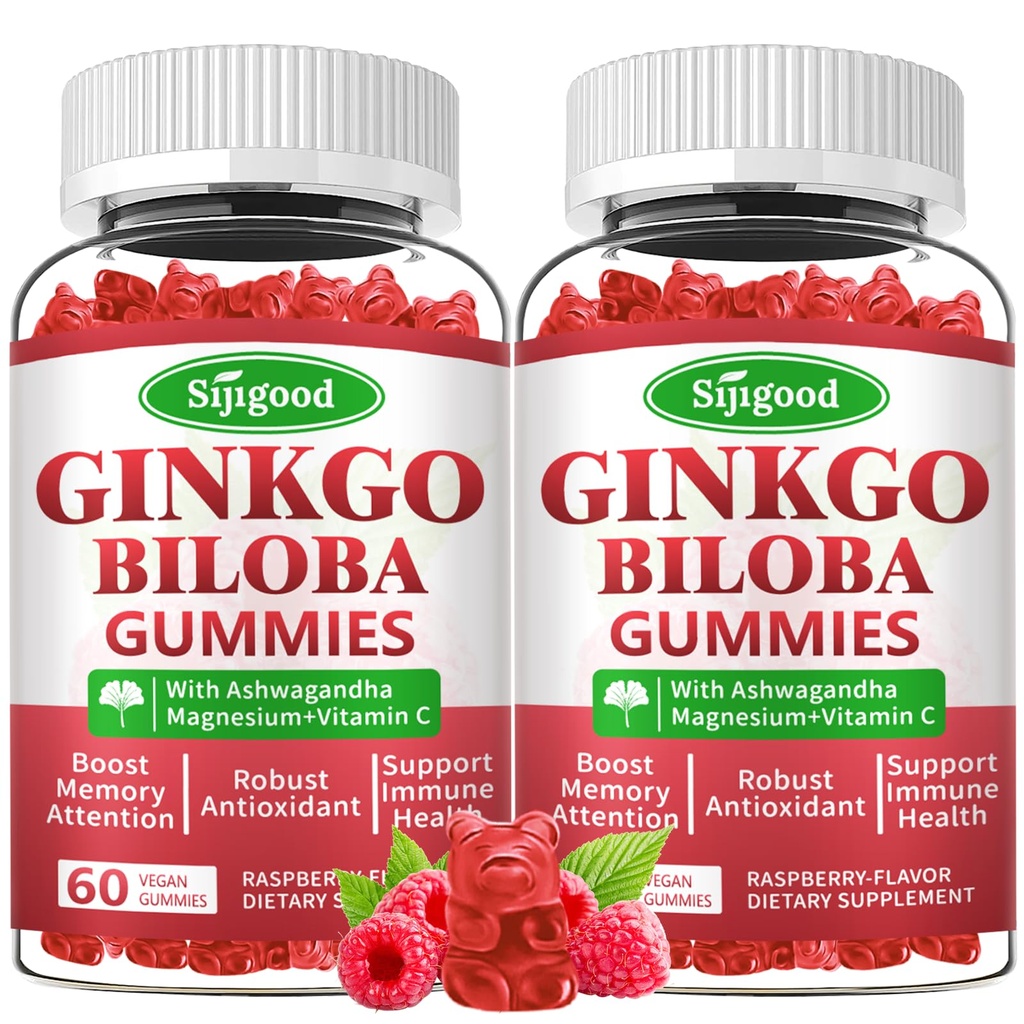2 Pack Ginkgo Biloba dengan Panax Ginseng dan Magnesium, Ginkgo Bilosa Suplemen untuk Fokus, Memori, dan Kesehatan Otak untuk Dewasa & Anak-anak, Vegan Raspberry Flavor Gummies, 120 Count