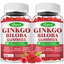 2 Pack Ginkgo Biloba dengan Panax Ginseng dan Magnesium, Ginkgo Bilosa Suplemen untuk Fokus, Memori, dan Kesehatan Otak untuk Dewasa & Anak-anak, Vegan Raspberry Flavor Gummies, 120 Count