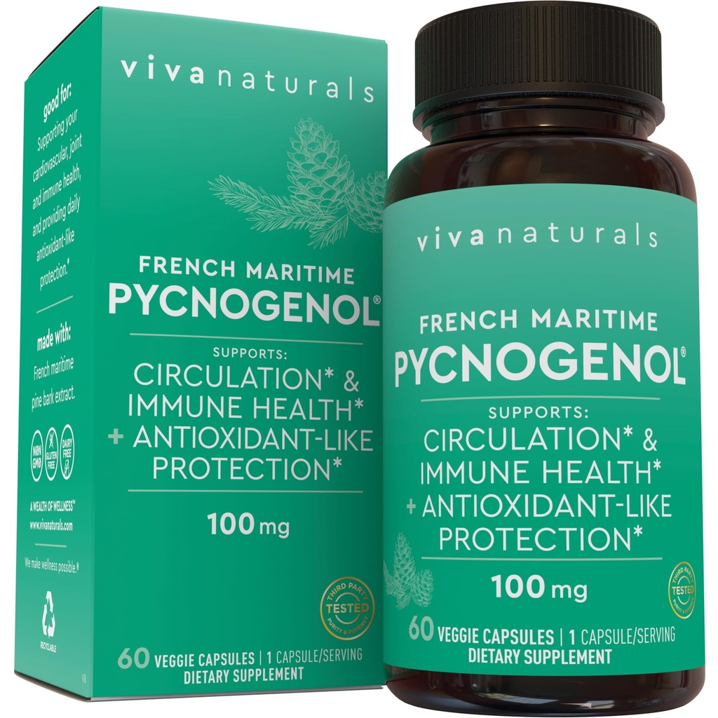 Viva Pycnogenol - 100mg French Maritime Pine Bark Extract - Supports Circulation, AntioksidantLike Activity, Joints & Immune Health and Fungsi - 60 Vevgie Capsules