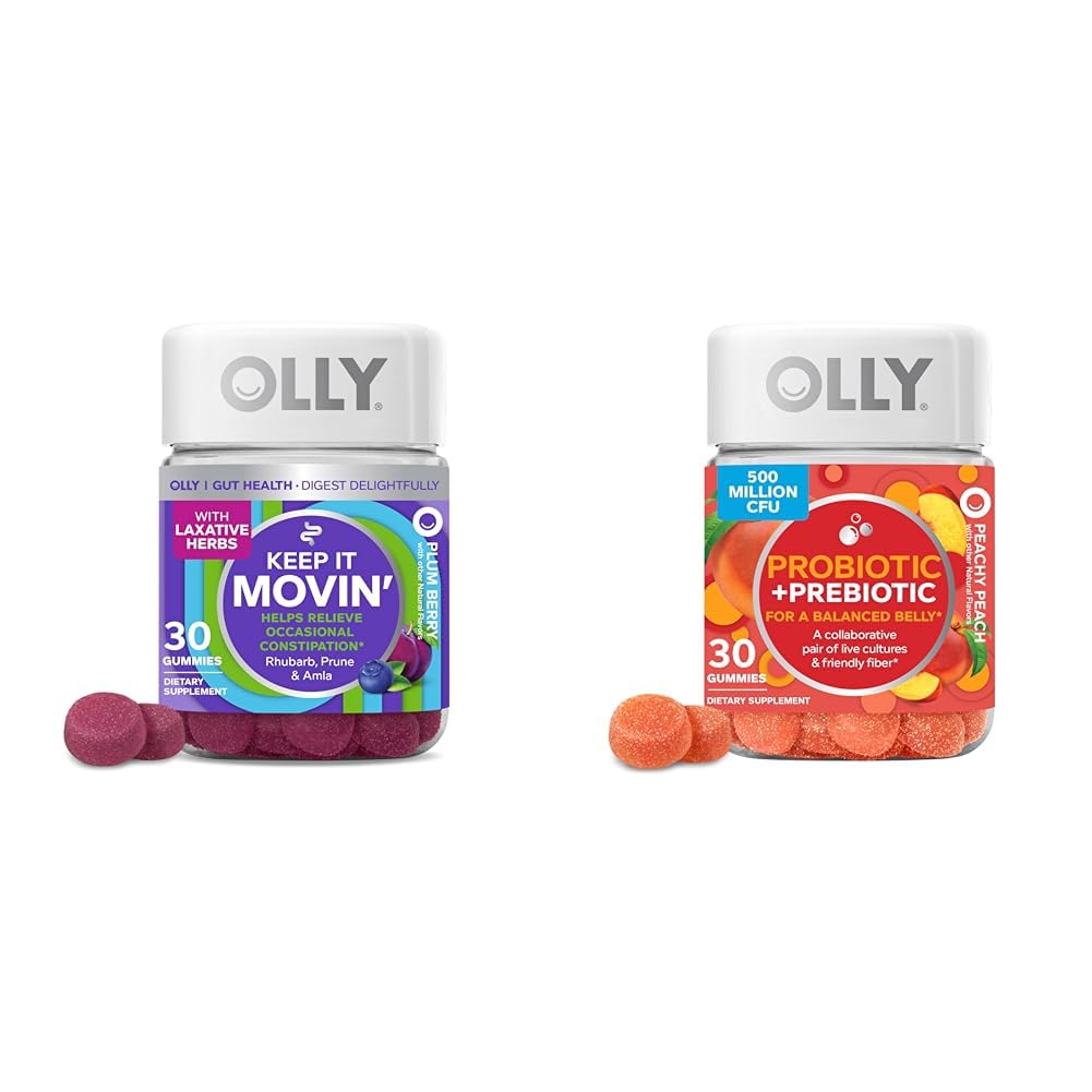 OLLY Constipation Relief Gummies with Rhubarb, Prunes, Amla & Probiotic Gummies for Prebiotic Health, 500 Juta CFU, 30 Count