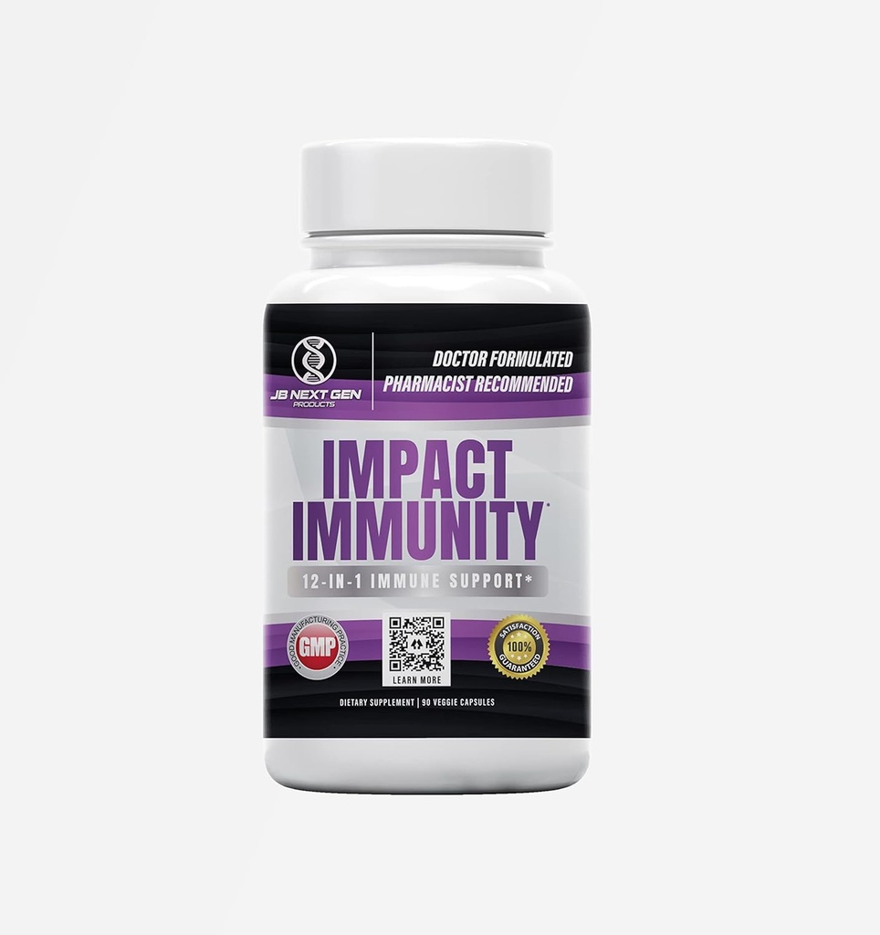 IMPAT IMUNITY 12-In- 1 Imune System Support dengan Elderberry, Vitamin C, B6, B12, Riboflavin (B2), Zinc, D3, Quercetin, Thiamin Fisetin, L-Leucine & Probiotic- Dibuat dalam USA- (90 Count)