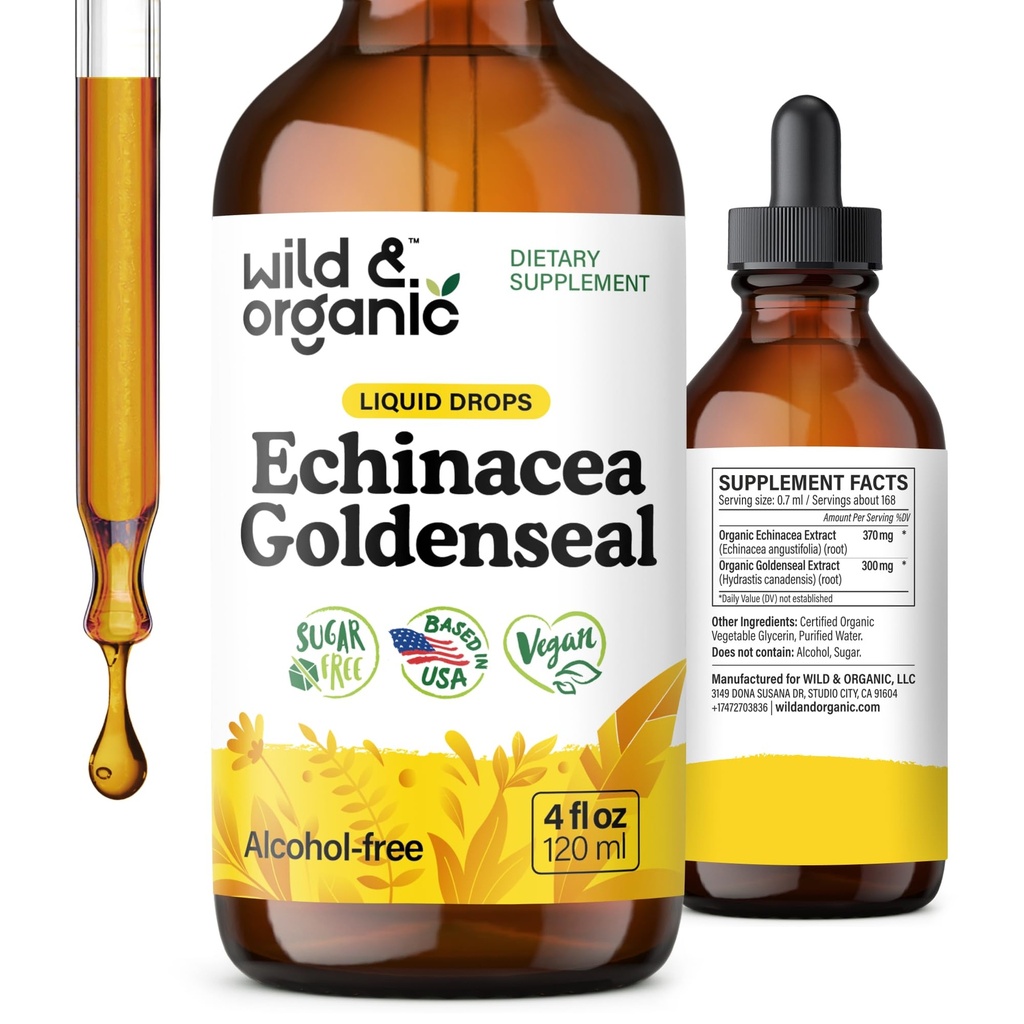 Wild & Organic Echinacea Goldenseal Taincture - Dukungan Imune Drops dengan Echinacea dan Goldenseal Root Extract - Vegan, Gula & Alcohol- Free Liquid Suplemen - 4 fl oz