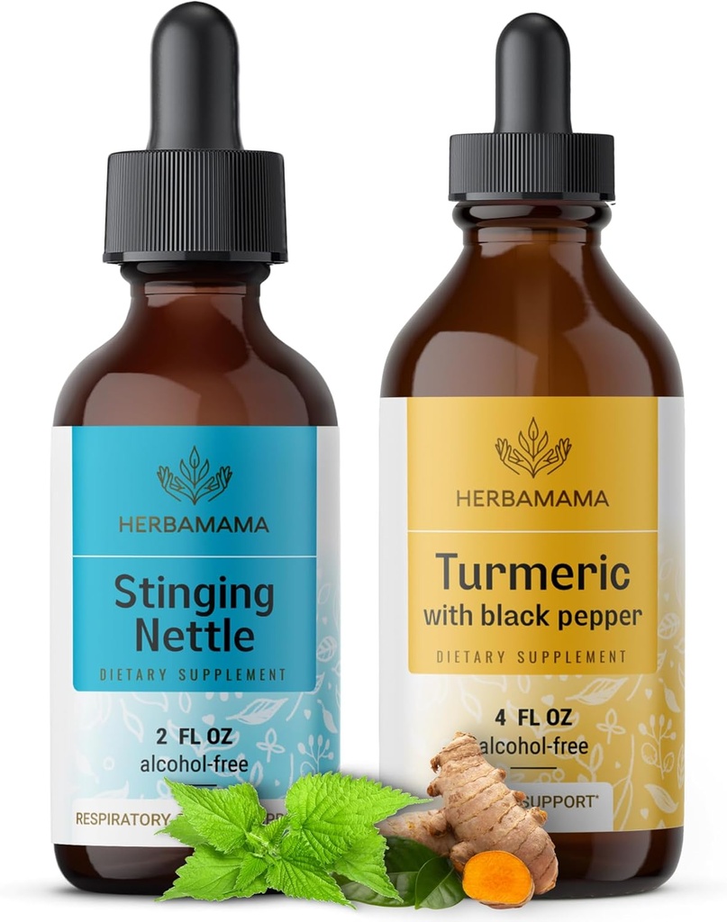 Herbamama Herbal Drops Kit - Bundle of Stinging Nettle 2 fl oz & Turmeric Curcumin Ticture oz - Vegan, Non- GMO, Sugar & Alcohol- Free - 2 Pack