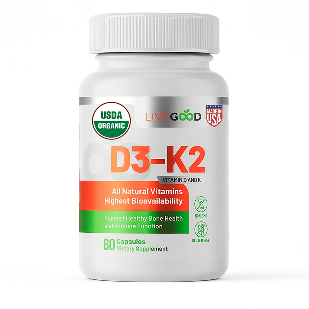 LiVEGOT Organic D3 K2 Tambahan 2000 IU, Vegan Kapsul dengan MK-7, Murni Vitamin D3 dengan K2 untuk Imune, dan Dukungan Bone Dibuat di AS Organik D2 Formula (60 Count)