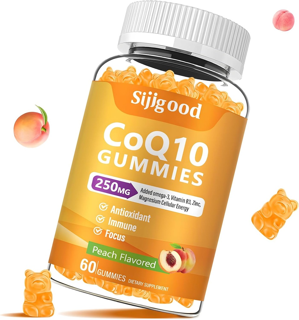 Sugar Free CoQ10 Gummies, plus Omega-3, Vitamin B3 dan Zinc, Magnesium, 5X High Absorpsi Koenzim Q10 Suplemen, Energi Q10 Boost Cellular, Powerantioksidant & Brain, Peach Flavor, 60 Cts