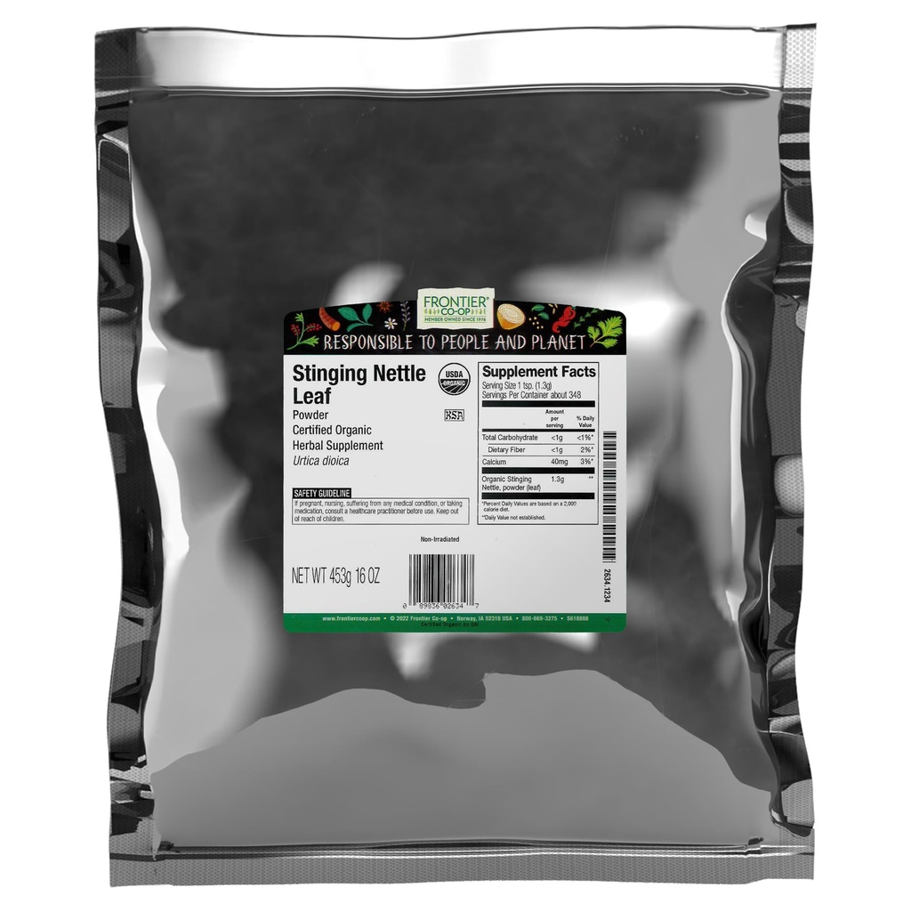Frontier Co-op Organic Ground Stanging Nettle Leaf, Bubuk Nettle Kering, Kosher 124; 16 Ounce (Pack of 1)