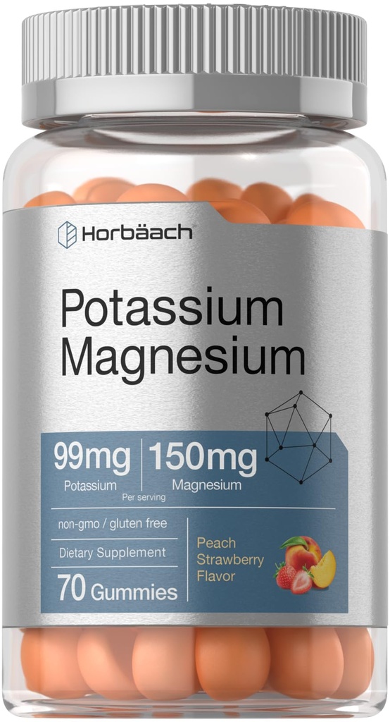 Horbach Potasium Magnesium Suplemen Gummies 124; Peach Strawberry Flavor 124; 70 Count 124; Vegan, Non-GMO, dan Gluten Free Formula