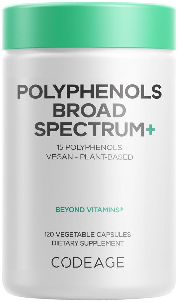 Codeage Polyphenol Broad Spectrum Suplement - Blend of 15 berry, Fruit, and Botanical Extracts, Decaf Green Tea Leaf, Quercetin, Resveratrol, Prenciate, Turmeric - Non-GMO - 120 Capsules