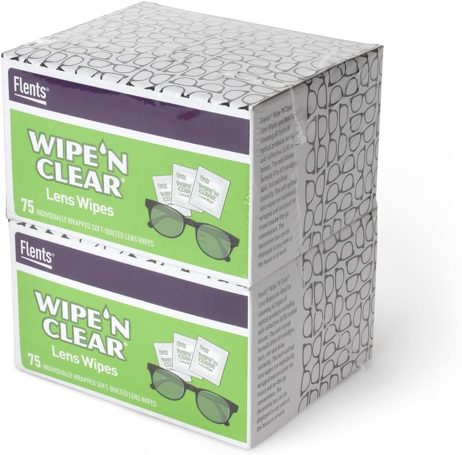 Flents Lens Wipes, wipe 'N Clear, 150 Count, Pre- Moistened, Streak-Free, Safe for Glasses, Sunglass, Cleaning, Clear Vision, Individually Wrapped for Travel & Convenation, made in the USA