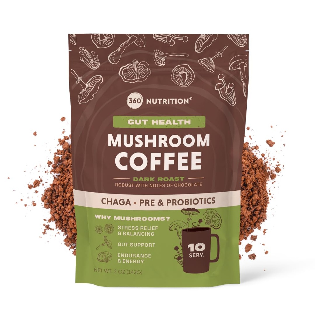 360 Nutrition Instant Mushroom Coffee dengan Chaga Superfood Mushroom dan Pregities, Probite for Gut Health, and Focus Dump 124; Dark Roast, No Ditambahkan Sugar 5 oz (Gut Blend)