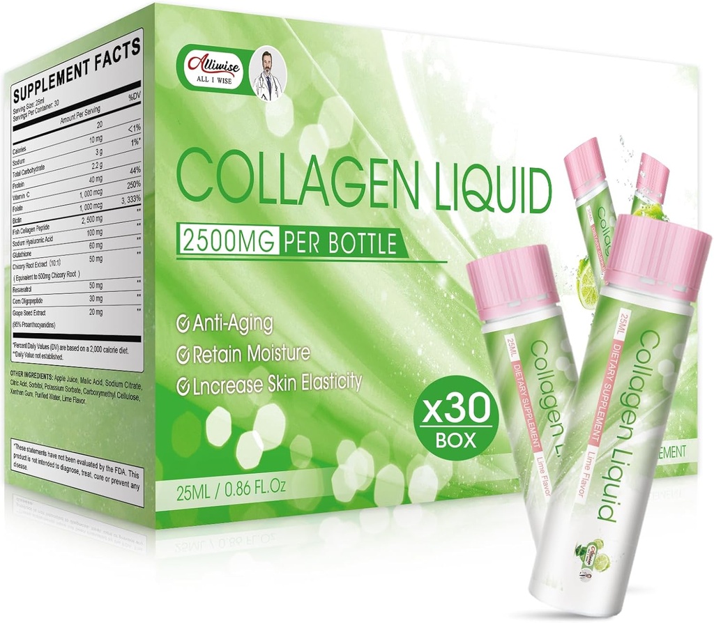 Liquid Collagen for Women, 2500mg Beauty Collagen Drink with Marine Collagen Peptides Glutathione Anti- Aging, Retain Moiguez, Vitamin C & Biotin for Skin Revitalisasi (Pack of 30) -Lemon Flavor