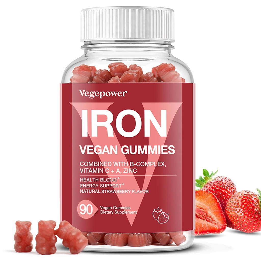 Suplemen Gummies Besi untuk Perempuan & Anak - Multivitamin dengan Vitamin C untuk Energi Dukungan, Great Tasting Besi Vitamin dengan Vitamin C untuk Max Absorpsi - Vegan, Strawberry Jumlah 90