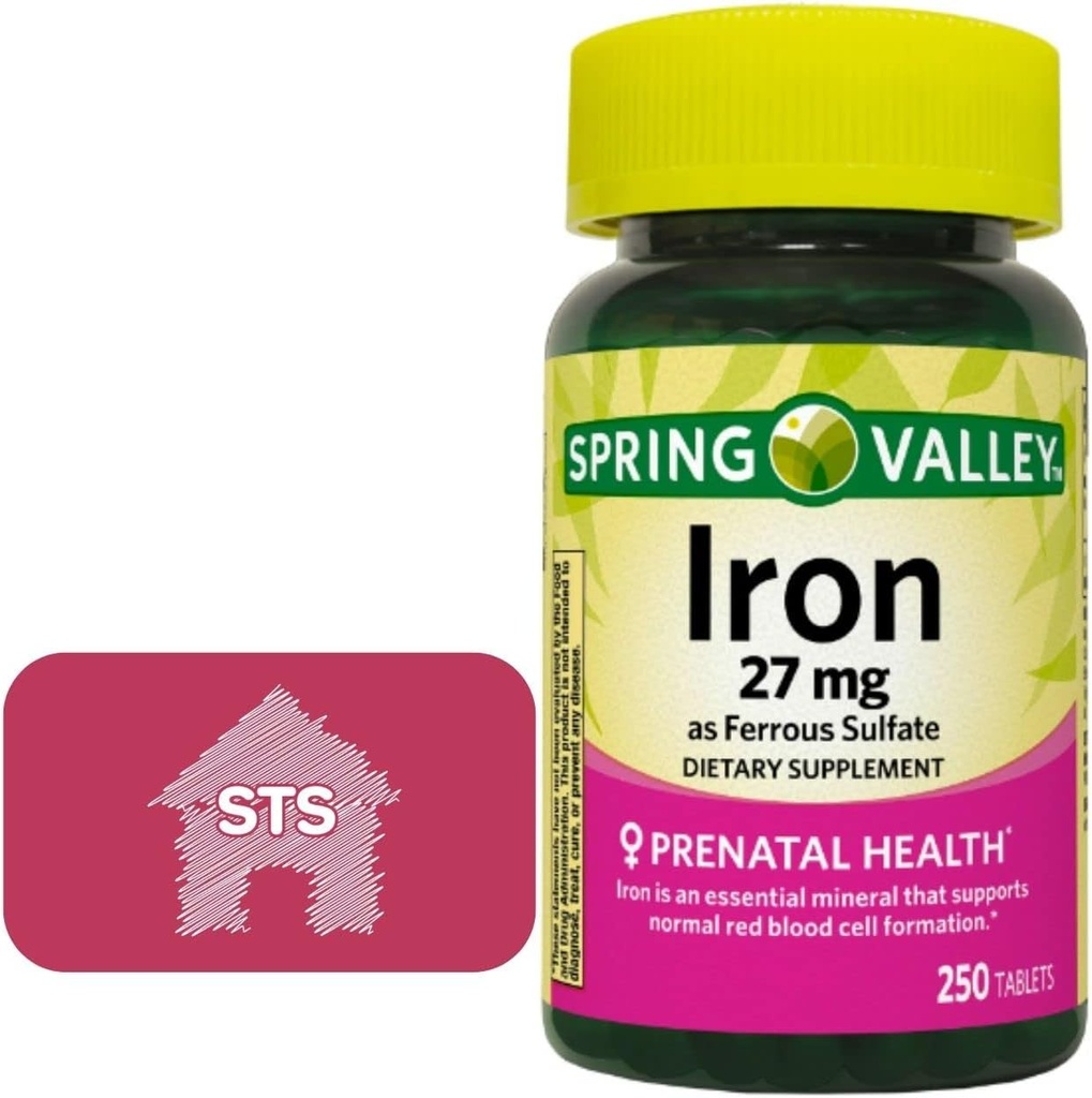 Spring Valley Iron sebagai Ferrous Sulfate 27 mg, 250 Count + STS Home Sticker.