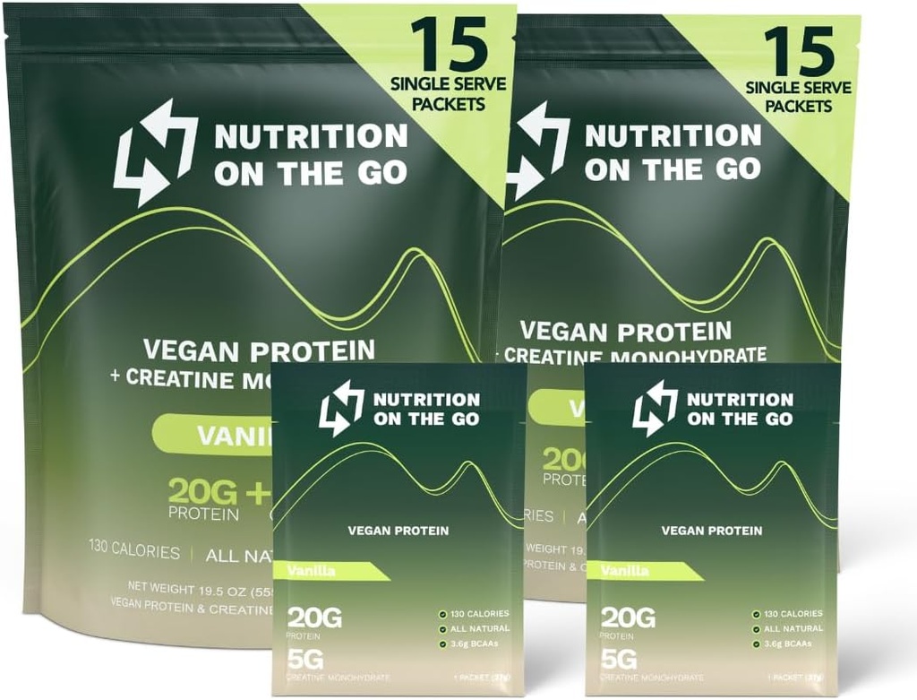 Nutrition On The Go Vegan Protein Pawder Pawder with Creatine - 20g Plant Proteins + 5g Creatine - Single-Serve Travel Protein Poader - All- Natural, Gluten- Free - Vanilla - (30- Pack)