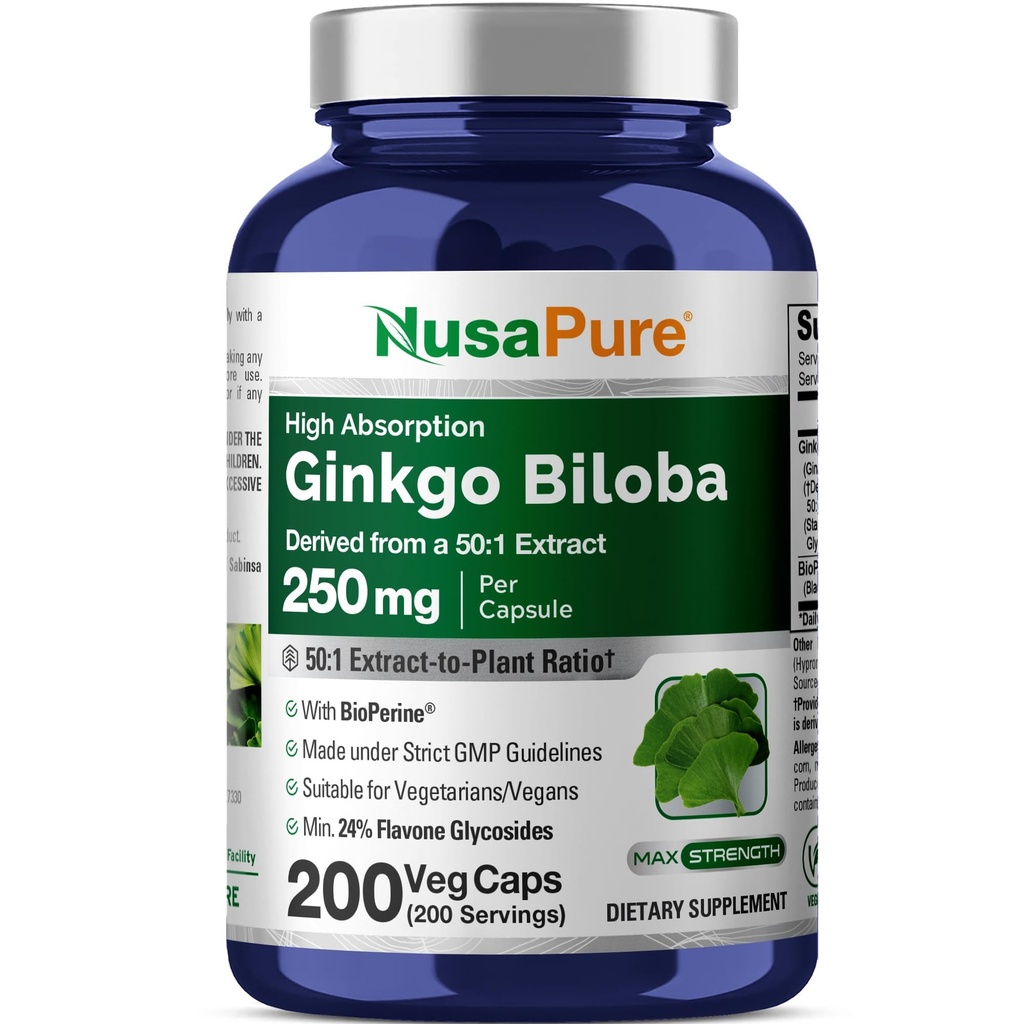 NusaPure Ginkgo Biloba 50: 1 Ekstrak, 250 mg Equivalen 12.500 mg per Veggie Capaps 200 Capsules (Vegetarian, Non-GMO, Vegan) Bioperin