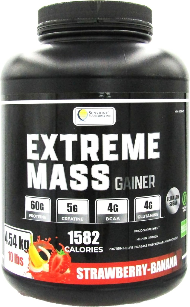 Extreme Mass Weight Gainer Muscle Builder, 10 lb (4.54 kg) dengan Pelatihan Perbaikan Gula untuk Kerja Intense Terbuat dari Calorie Tinggi Dibentuk Protein Whey (Strawberry-Banana)