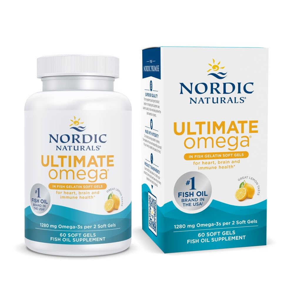 Nordic Omega Ultimate in Fish Gelatin, Lemon Flavor - 60 Soft Gels - 1280 mg Omega-3 - Tinggi-Potency Fish Oil Suplemen - EPA & DHA - Promes Brain & Heart Health - Non-GMO - 30