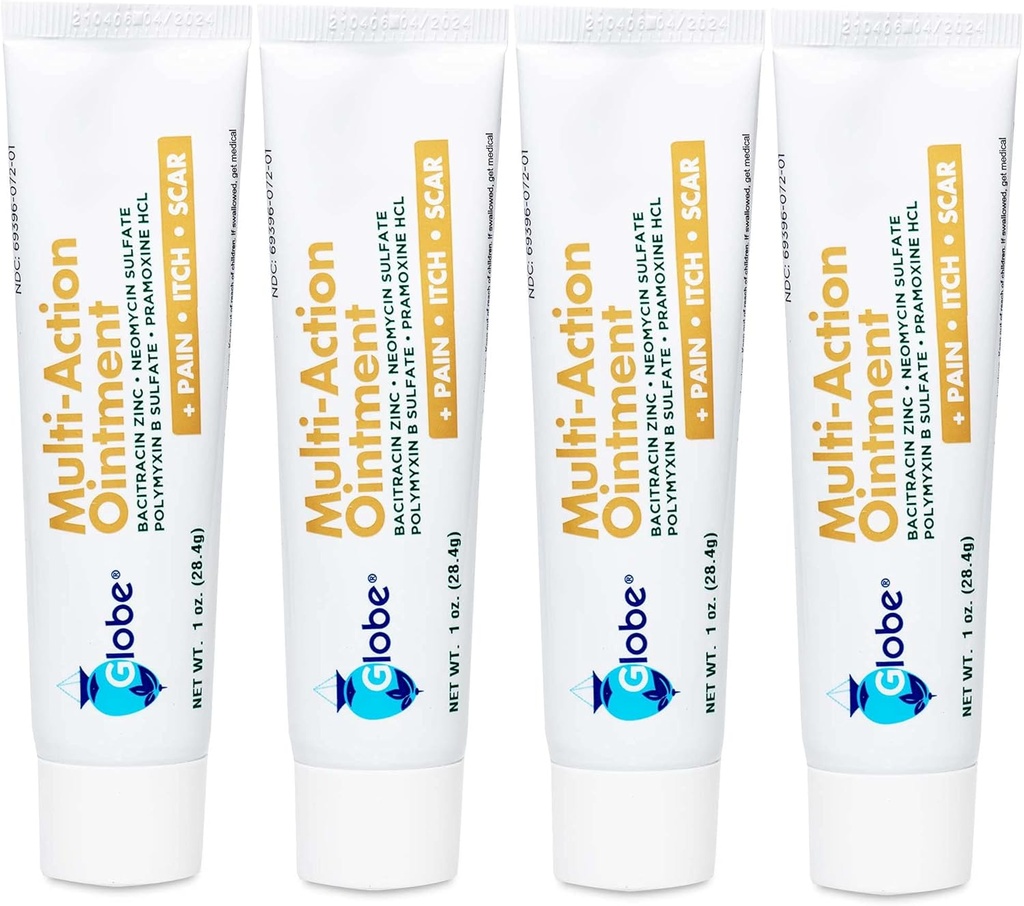 Globe (4 Pack) Aid Antibiotic Scar Minimizing Painef, Anti- Itch Oquitesin dengan Neomycin, Bacitrasin Zinc, Pramoxine HCI B, untuk Minor Cuts, Scrapes & Burns