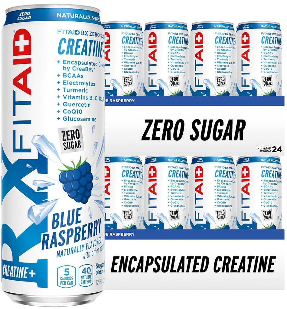 FITAID RX Zero Sugar, Encapsulated Creatine, Workout Recovery Drink, All-Inone BCAD, Glucosamine, Turmeric, B-Complex, Electrolites, Blue Raspberry, 12 Fl Oz (Paket 24)