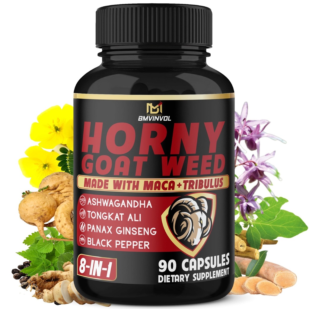 BMVINVOL Horny Goat Weed Capsules dengan Maca, Ginseng, Tribulus Terrestris, Ashwagandha, Black Pepper - 90 Count untuk 3 Pasokan Bulan