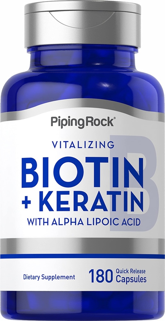 Piping Rock Biotin 5000mcg 124; 180 Capsules 124; Plus Kertin dan Alpha Lipoic Acid 124; Non-GMO, Gluten Free Suplemen