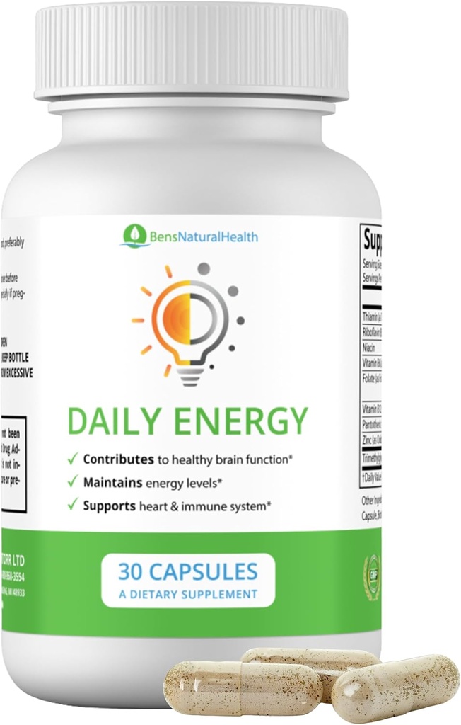 Ben 's Natural Health Daily Energy B-Vitamin Complex with TMG and Zinc for Natural Energy, Stress, Focus & Imune Support, 30 Kapsul