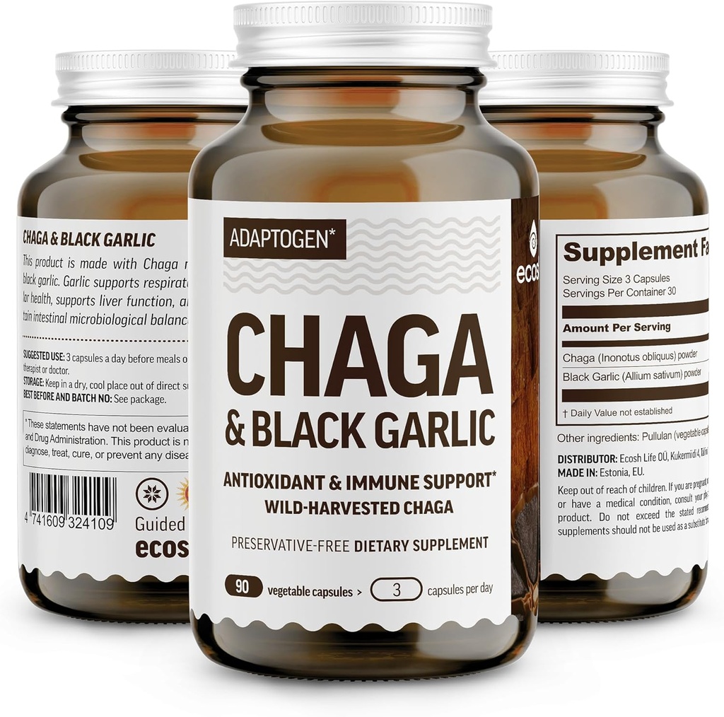 100% Real Wild Chaga Mushroom & Aged Black Bawlic Powder Capsules - Antioksidant & Imune Suppport-12.4; Nordic Forest Chaga dengan Black Garlic 124; No Fillers 124; 1500mg Capsules 126; 90 ct