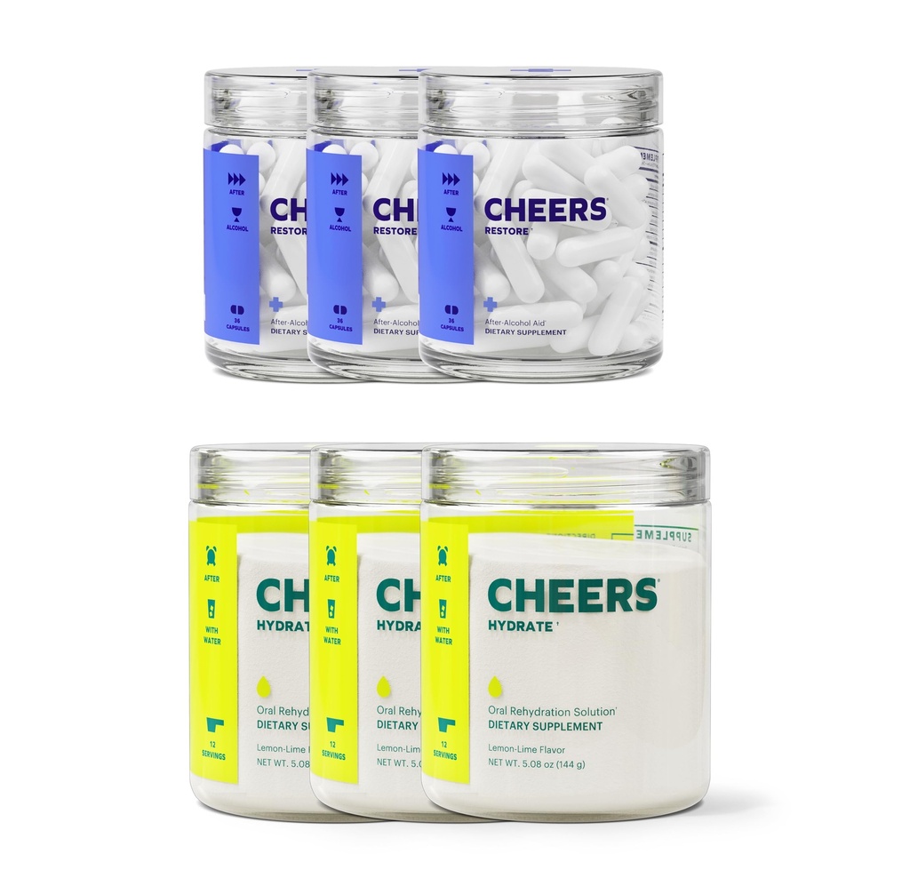 Cheers Classic Combo 14; Restore + Hydrate 124; Rehydrate & Feel Better After DH4; DHM, L-Cysteine, B-Vitamin, Electrolite 124; 12 Doses Each 124; Liver Support Over4