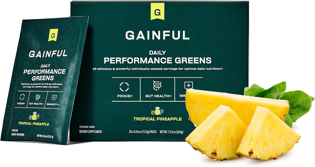 Gainful Daily Performance Greens Powder, Coconut Pineapple, Gut Health, Energy, Focus and Imune Support with L Theanine, Organic Greens, Chlorella, Ginger, Green + Adaptogen Minum Mix, 28 Paket