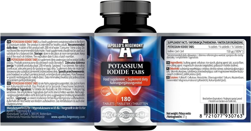 Potassium Iodide 150 mcg per Porsi - 180 Vegan Tablet - 720 Hamba - untuk Optimal Gland Fungsi dan Energi Metabolisme - Diet Suplemen oleh Apollo Hegemony