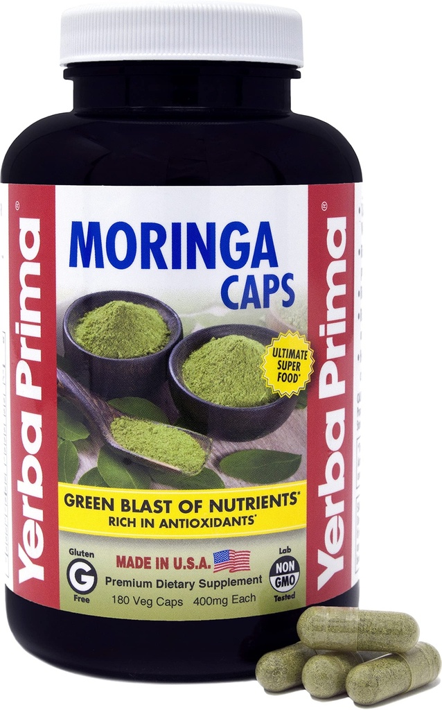 Yerba Prima Moringa, 180 Count Veg Caps - 400mg Pure, Bubuk Daun Kering, Ledakan Nutrients Hijau, Rich in Antiokhidants, 100% Pure, Super Food, Non-GMO, Vegan Frid, Gluten- Free, USA Made