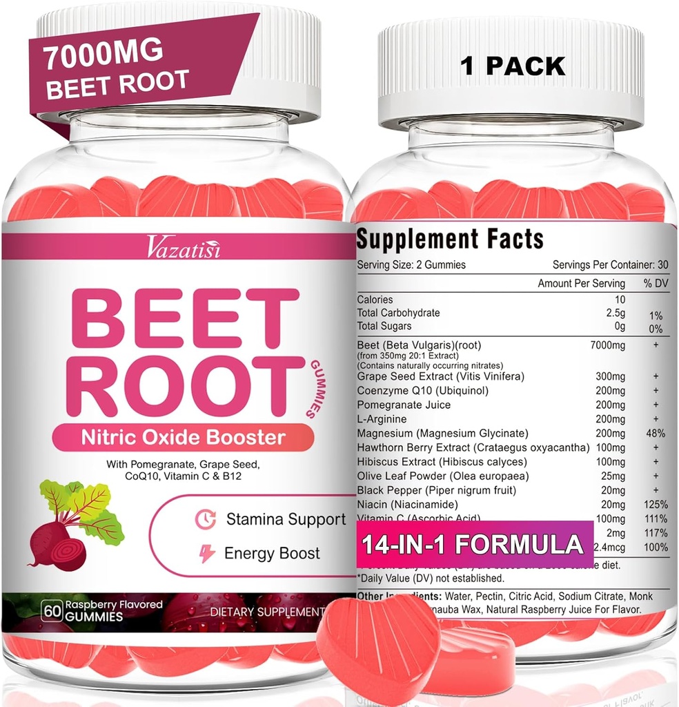 Bit Root Gummies - Nitric Oxide Beet Gummies for Circulation Dups, Nitric Oxide Production - with Grape Seed, Hawthorn Berry, Hibiscus, Organik, Non-GMO, 60 Gummies