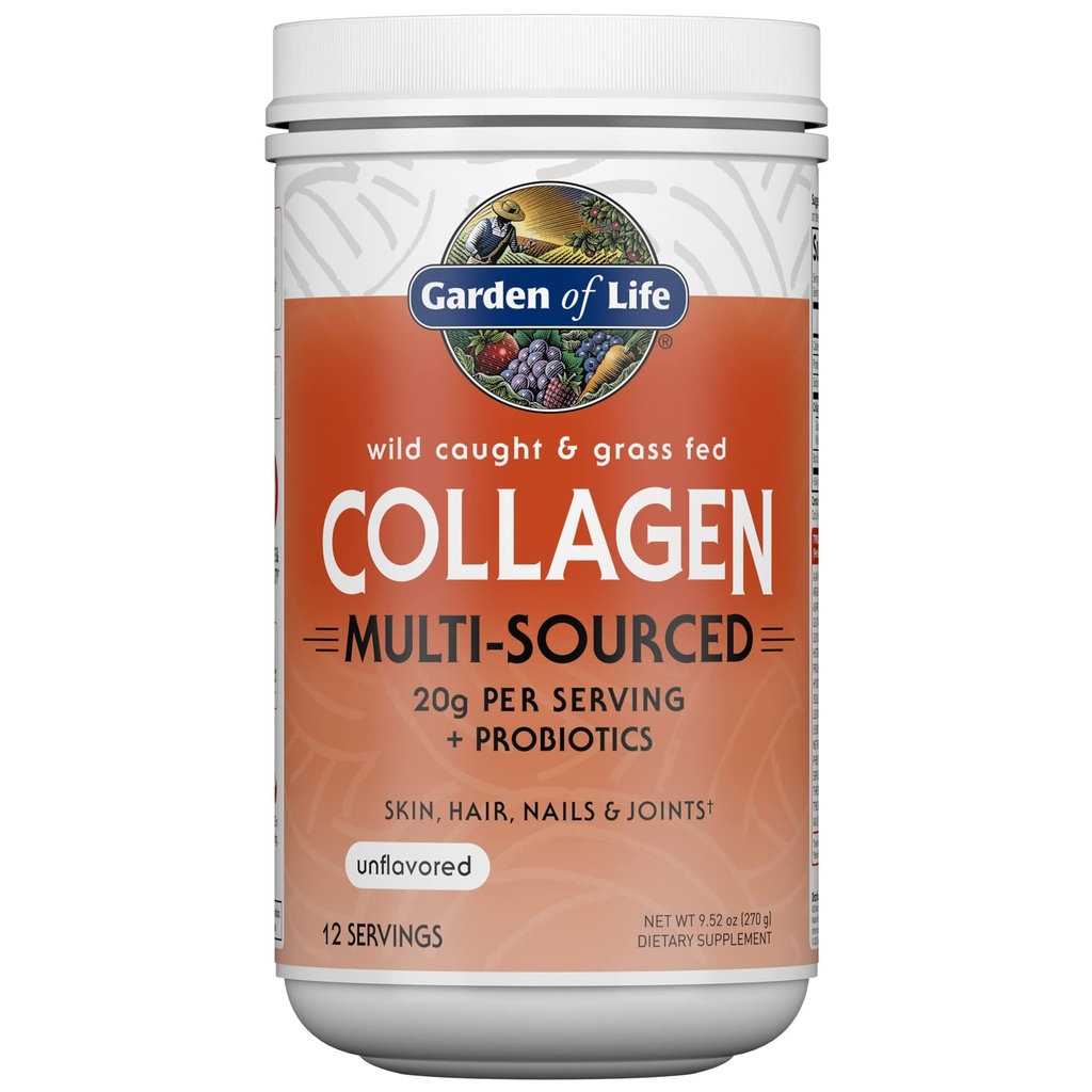 Garden of Life Marine & Grass- Fed Collagen Peptides Powder Suplement (Tipe I, III) dengan Progrem & BCAAs untuk Mobility, Gabungan Kesehatan, Rambut, Skin & Nails - Unflashed, 20 g per Serving, 12 Serving