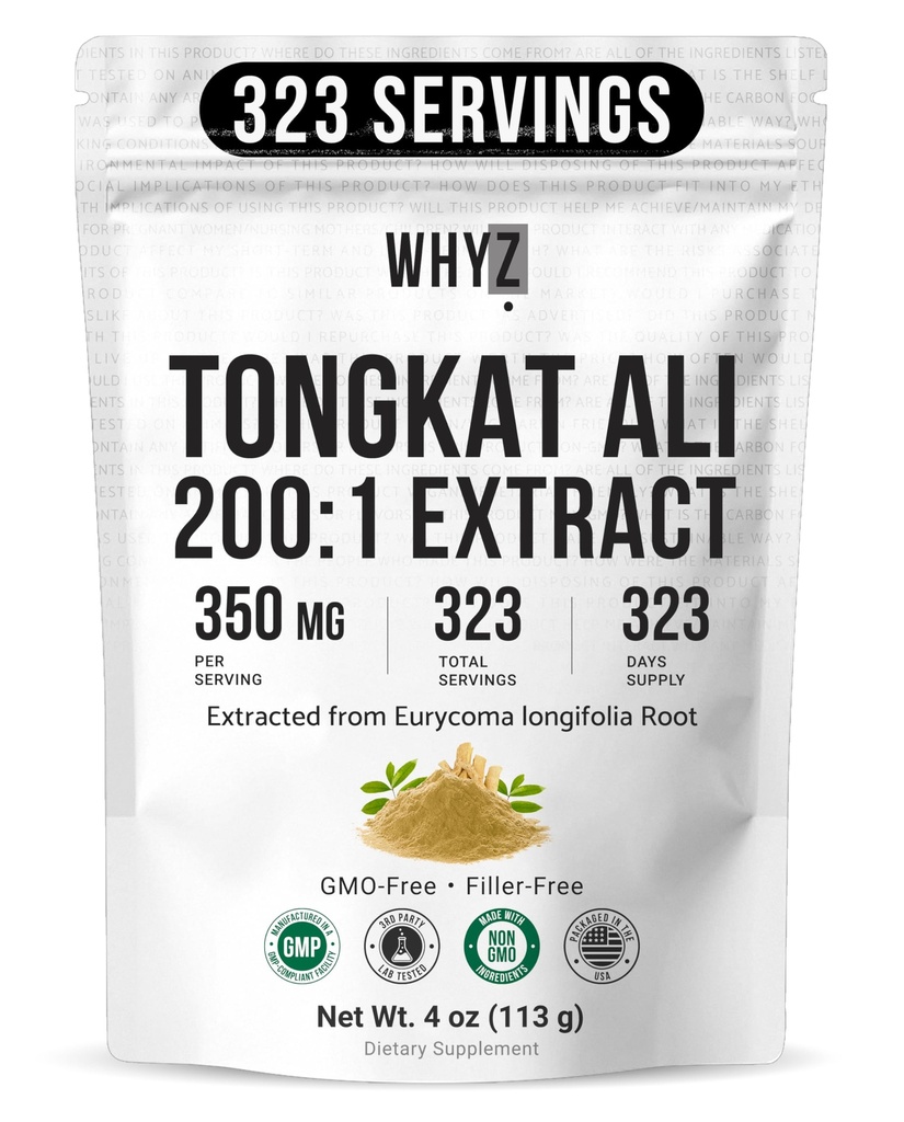 WHYZ Tongkat Ali Powder 1113g, Murni Longjack 200: 1 Ekstrate Eurycoma Longifolia Suplemen untuk Increased Fisik Performance and Well- Menjadi, Longjack Tongkat Ali untuk Pria dan Perempuan, 323 Servis