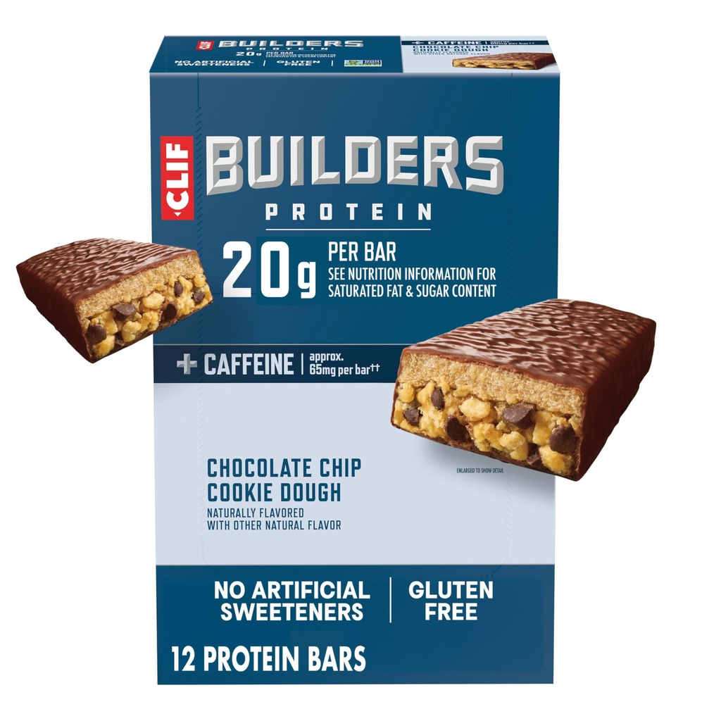 CLIF BUILDERS + Caffeine Protein Bars - Chocolate Chip Dough Flavor - 20g Plant Based Protein - Gluten Free - Non-GMO - Low Glycemic - No Artificial Sweeteners - 2.4 oz. (12 Pack)