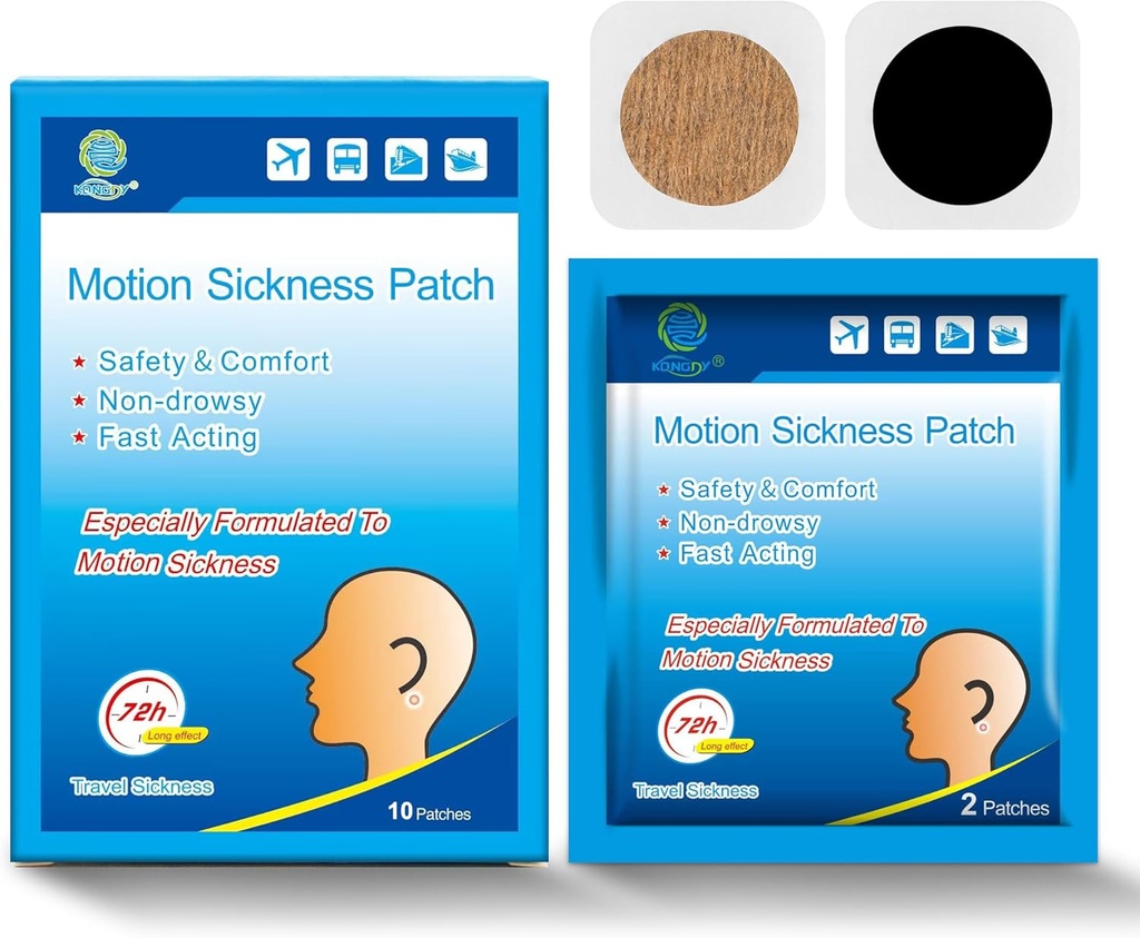 KONGDY 10 Counts Motion Sickness Patch for Kids Dewasa, Seasick Patch for Cruise from Travel with Waterproof and Non Drowsy, Sea Sickness Patch Behind Ear