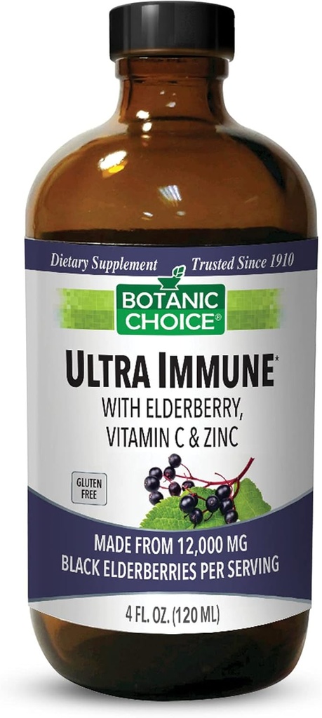 Pilihan Botanic - Ultra Imune, Berisi Elderberry dengan Zinc dan Vitamin C, Black Elderberry Syrup untuk Dewasa dan Anak-anak, Vitamin Liquid untuk Dukungan Imune, 4 Oz