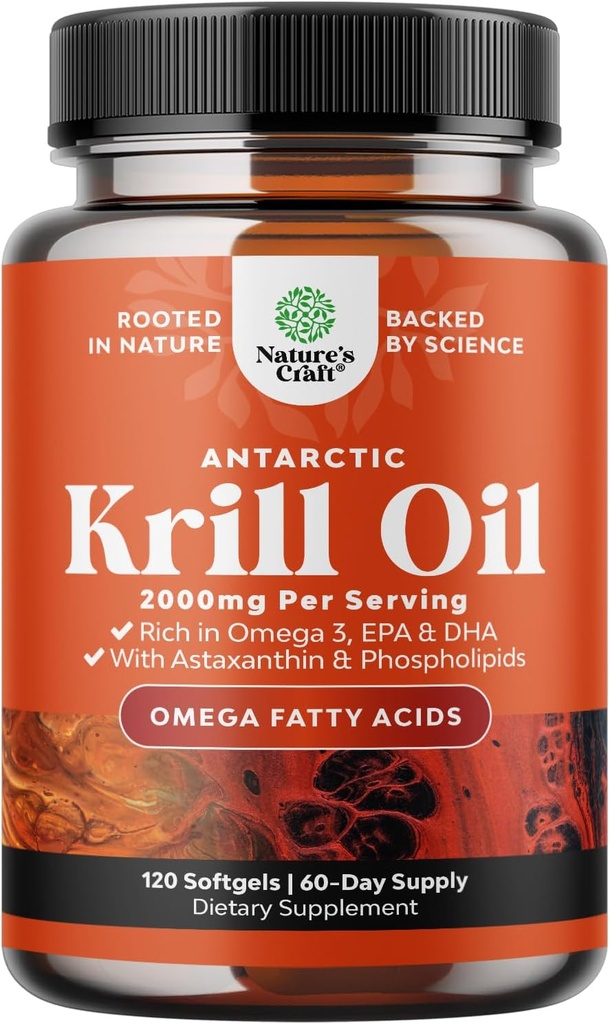 Antartika Krill Oil 2000mg Softgeels Per Serving - Omega 3 Krill Oil Suplement with EPA DHA & Astaxanthin - 3 Party Lab Test No Gluten GMO atau Fishy Aftertaste - 2 Bulan