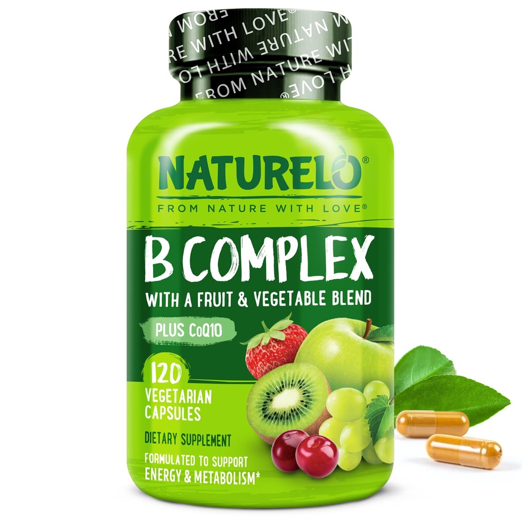 NATURELO Vitamin B Kompleks dengan Metil B12, Metil Founce, Vitamin B6, Biotin Plus Chooline, CoQ10, dan Buah & Vegetable Blend - Pendukung Energi & Kesehatan Stress - Vegan - 120 Capsules