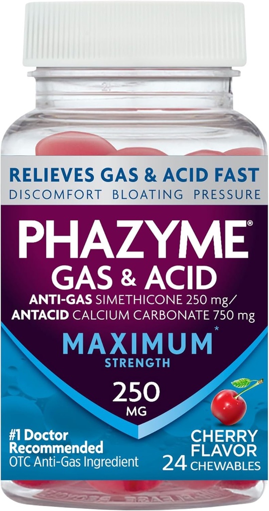 Phazyme Maximum Power Gas & Acid Relief, Works Fast, Cherry Flavor, 24 Chews (Packaging May Wary)